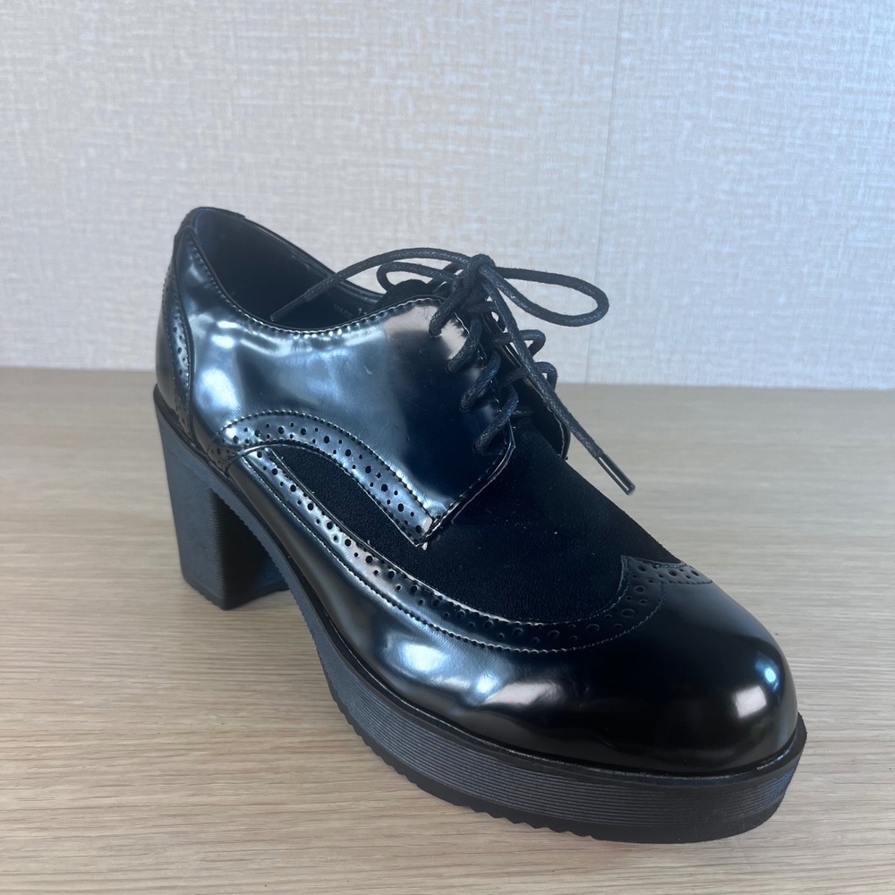 Beston Platform Oxford Heels Womens 11 Black Wingtip Brogue Chunky Goth